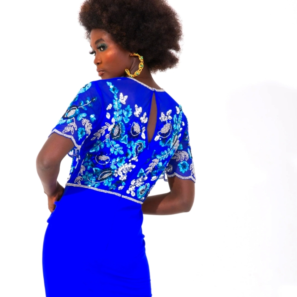 ASOS Blue Embellished Sheer Asymmetrical Dress - Picture 7 of 16
